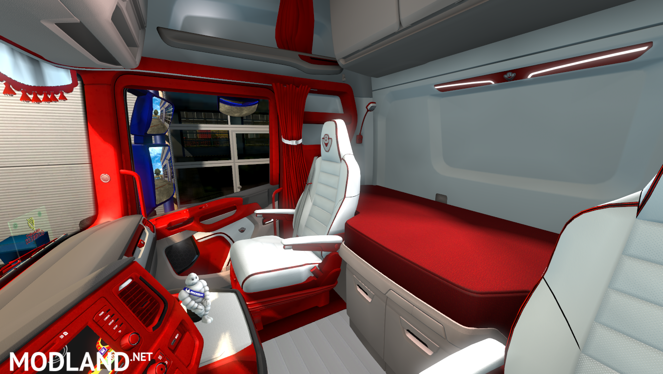 Red and white scania next gen s and r interior.