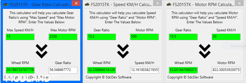 FS2015 PHYSICS CALCULATORS (MOTOR, GEAR RATIO, SPEED)